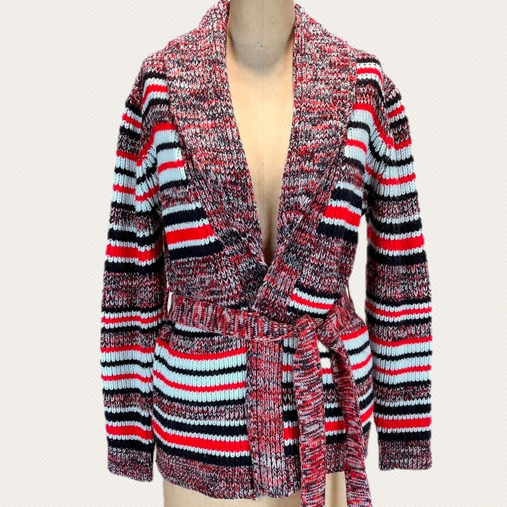 VINTAGE 60s 70s wrap knit sweater cardigan space dyed multicolor stripe belt